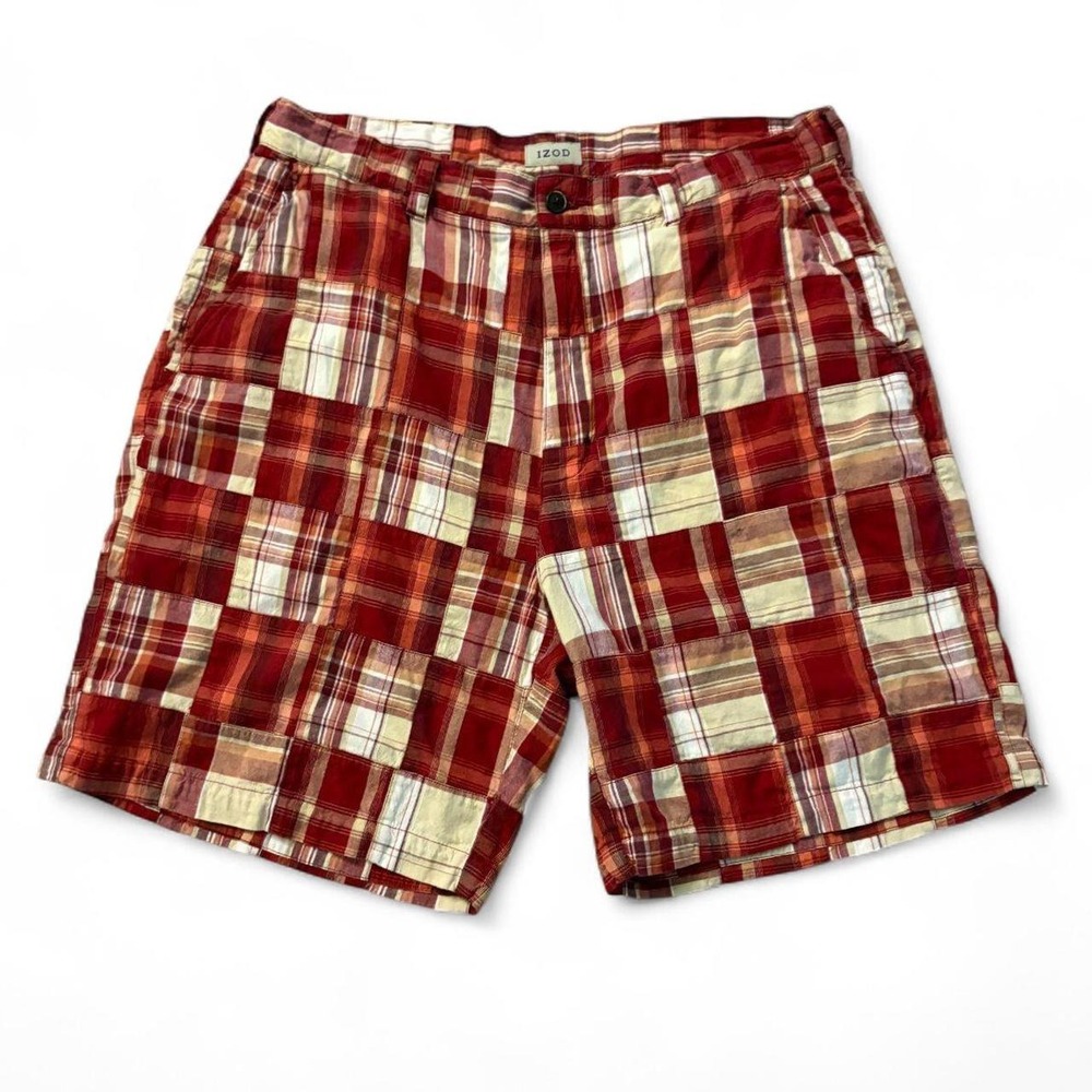 Vintage Y2K IZOD Red Patchwork Plaid Shorts Mens Size 34 Preppy Flat Front